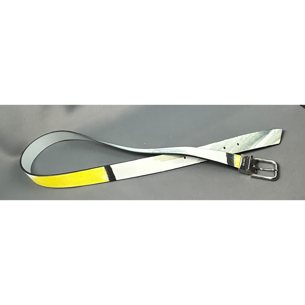 Calvin Klein Leather 1.25" White Yellow Graphic Belt Size L Silver Tone Buckle - Picture 12 of 16